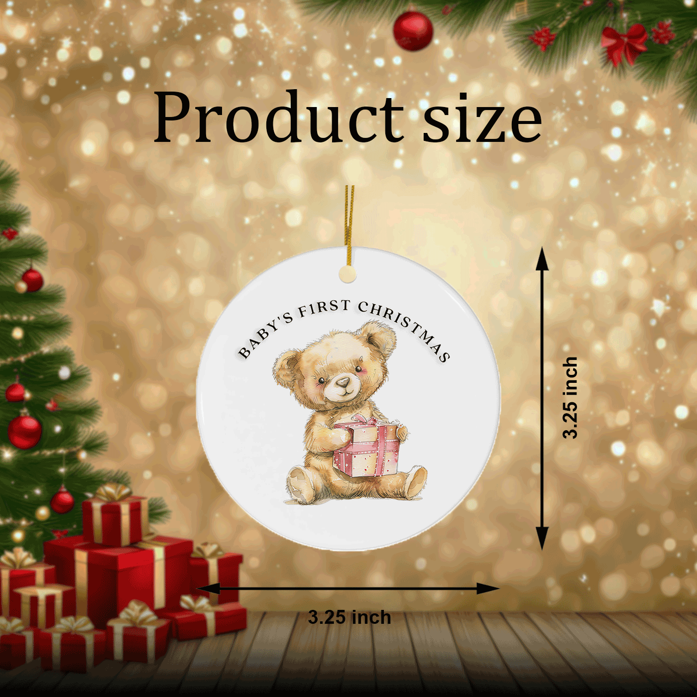 Baby's First Christmas | Cute Teddy Bear with Gift | Ceramic Ornament
